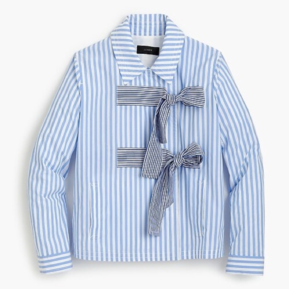 J. Crew Light Blue and White Striped Cotton Jacket with Bow Ties